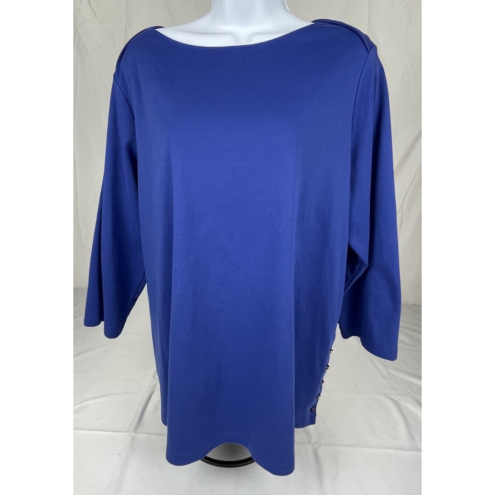 LANDS END WOMENS 1X BLUE BOAT NECK TOP 3/4 SLEEVE KNIT BLOUSE PLUS SIZE 1X